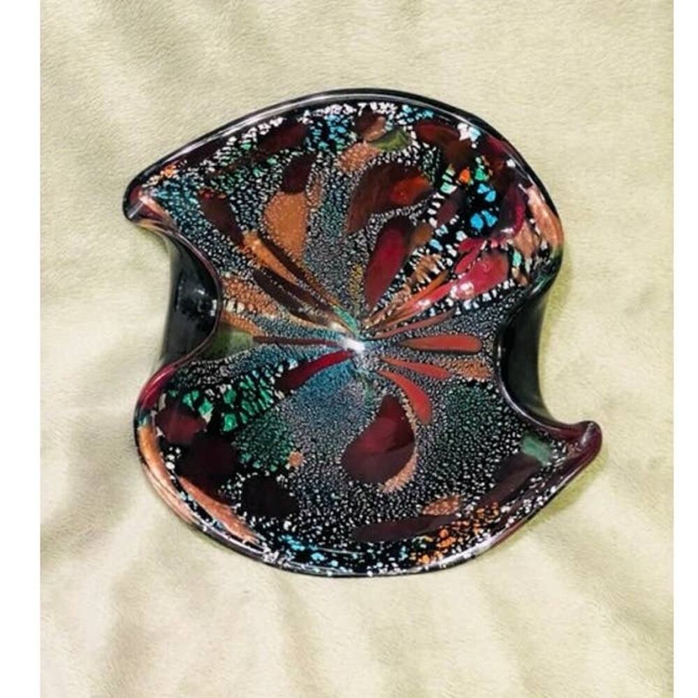 Vintage Black Italian Murano Dino Martens Tutti Frutti Ruffled Glass Bowl